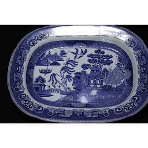 ANTIQUE W. RIDGWAY SEMI CHINA WILLOW BLUE and WHITE PLATTER ~ 13.75 x 11"